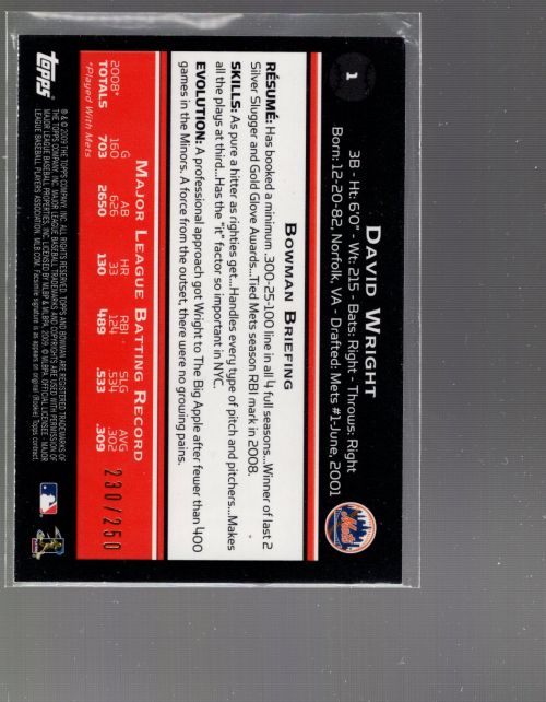 2009 Bowman Orange #1 David Wright back image