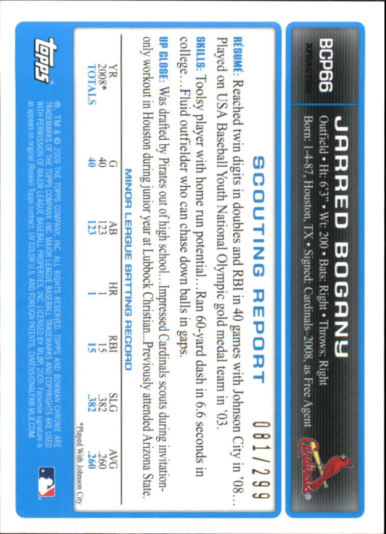 2009 Bowman Chrome Prospects X-Fractors #BCP66 Jarred Bogany back image