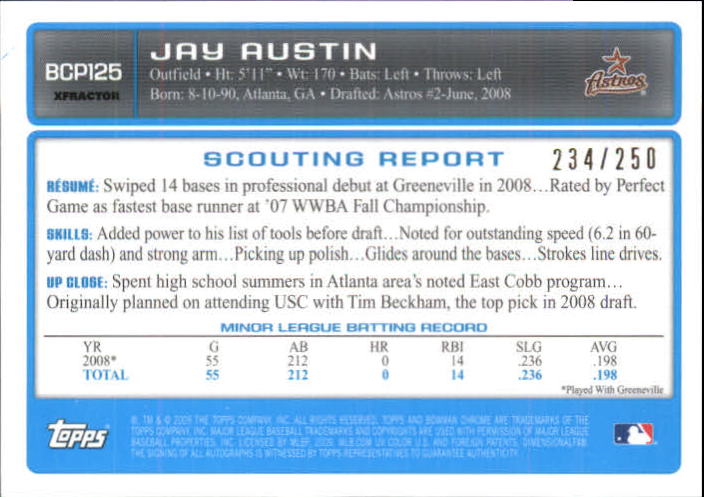 2009 Bowman Chrome Prospects X-Fractors #BCP125 Jay Austin AU