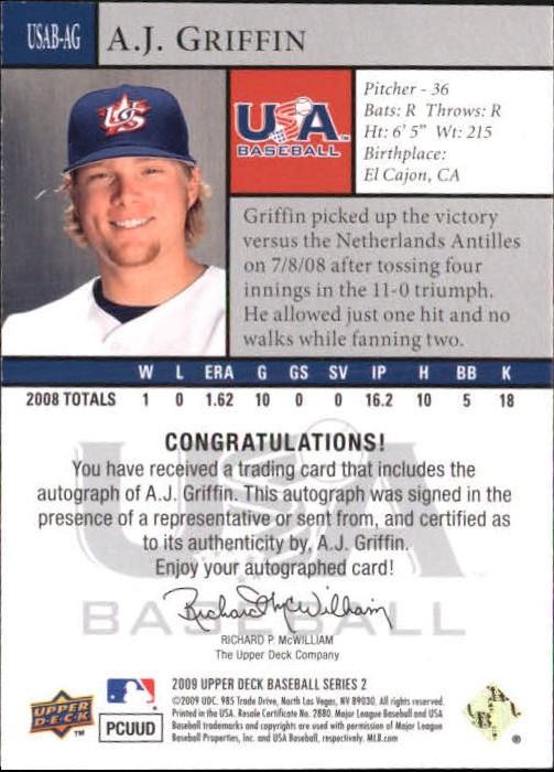 2009 Upper Deck USA National Team Autographs #AG A.J. Griffin back image