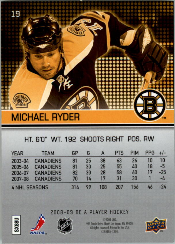 2008-09 Be A Player #19 Michael Ryder back image
