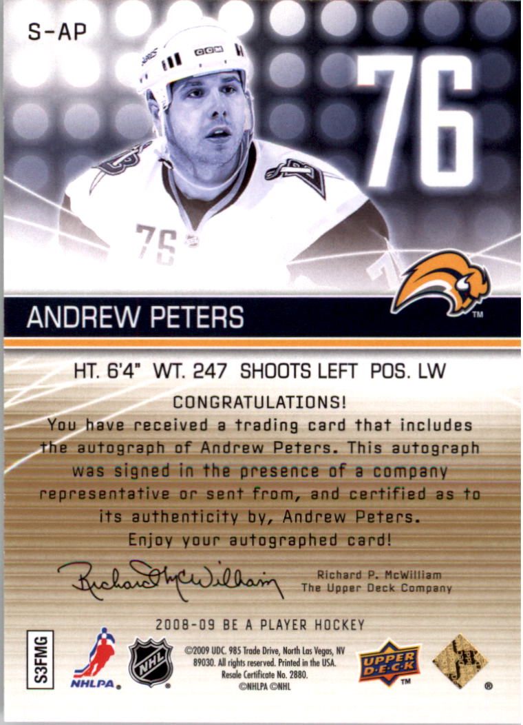 2008-09 Be A Player Signatures #SAP Andrew Peters back image