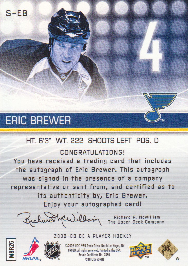 2008-09 Be A Player Signatures #SEB Eric Brewer back image