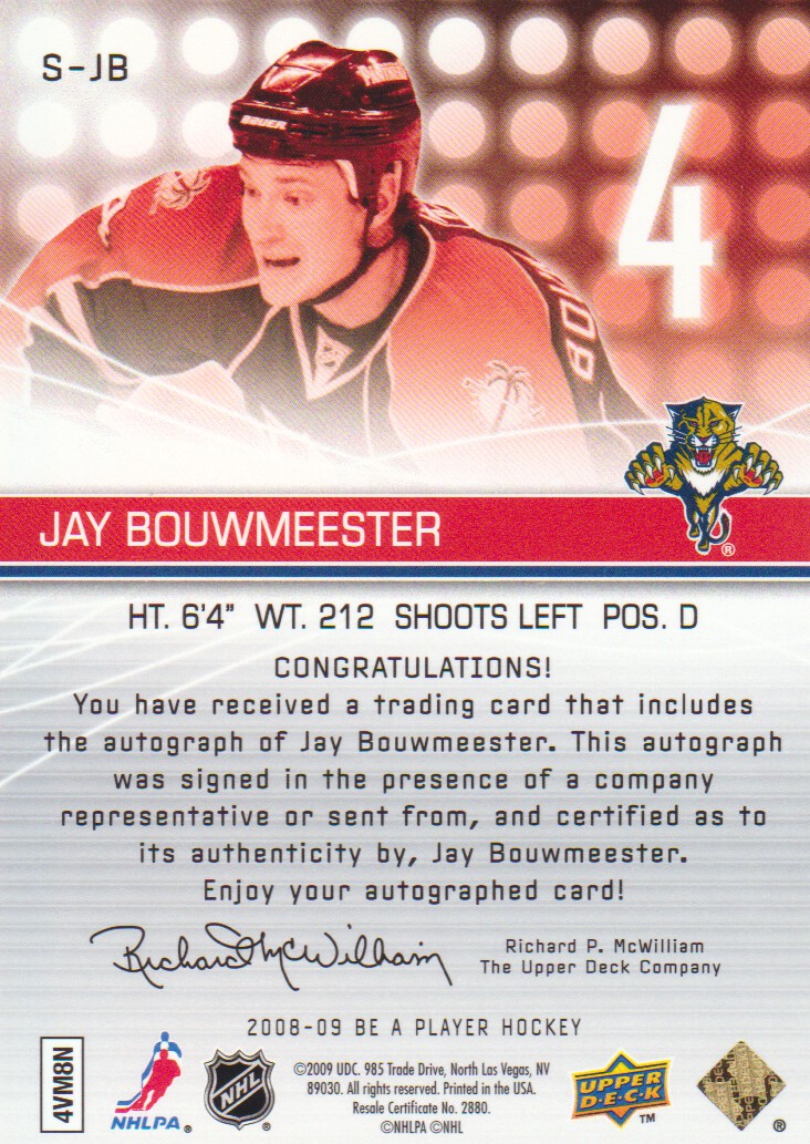 2008-09 Be A Player Signatures #SJB Jay Bouwmeester back image