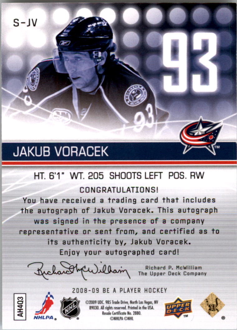 2008-09 Be A Player Signatures #SJV Jakub Voracek back image