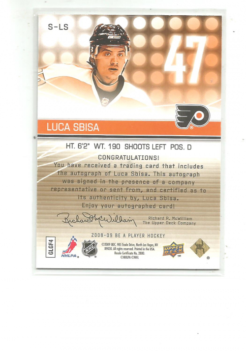 2008-09 Be A Player Signatures Player's Club #SLS Luca Sbisa back image