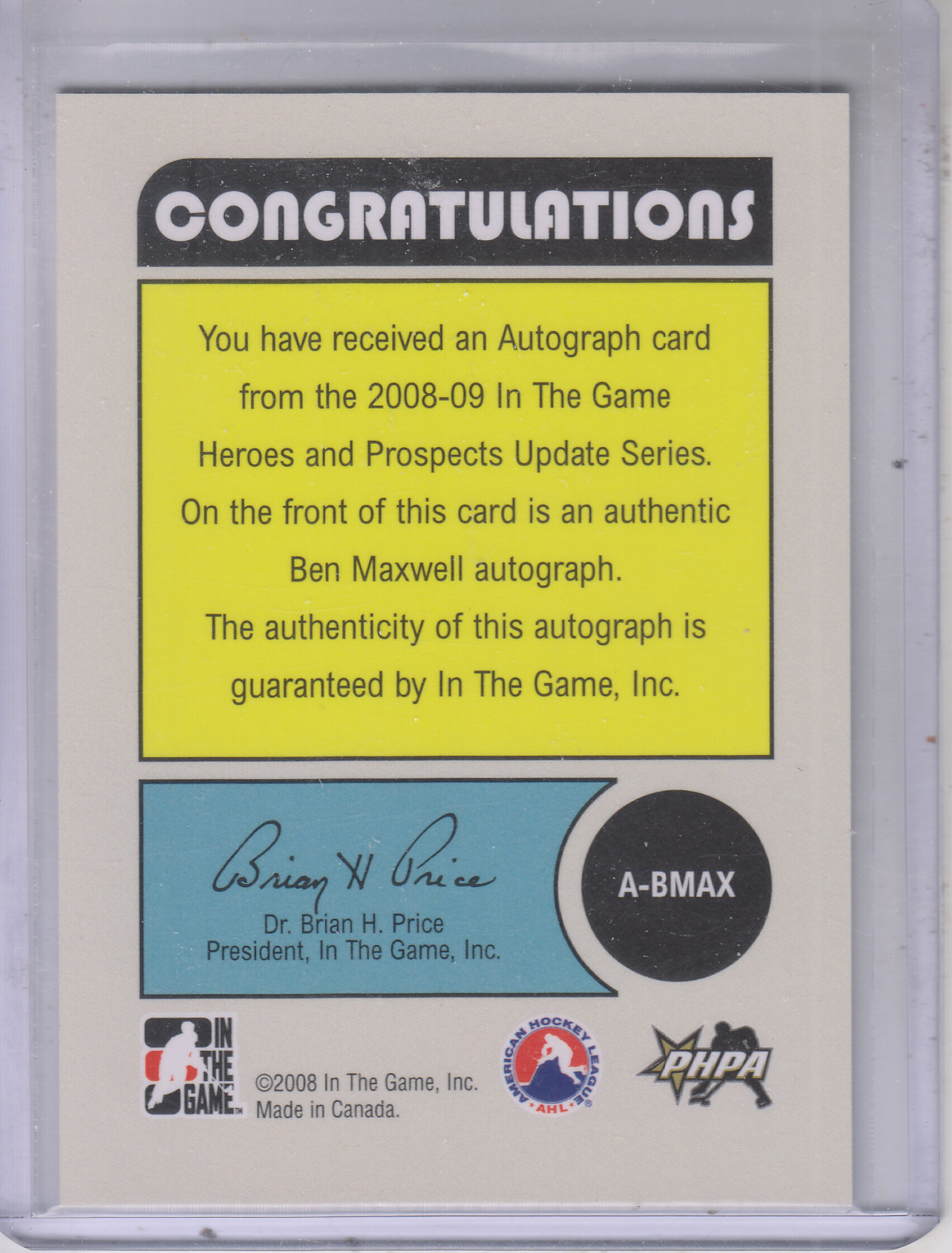 2008-09 ITG Heroes and Prospects Autographs #ABMAX Ben Maxwell back image