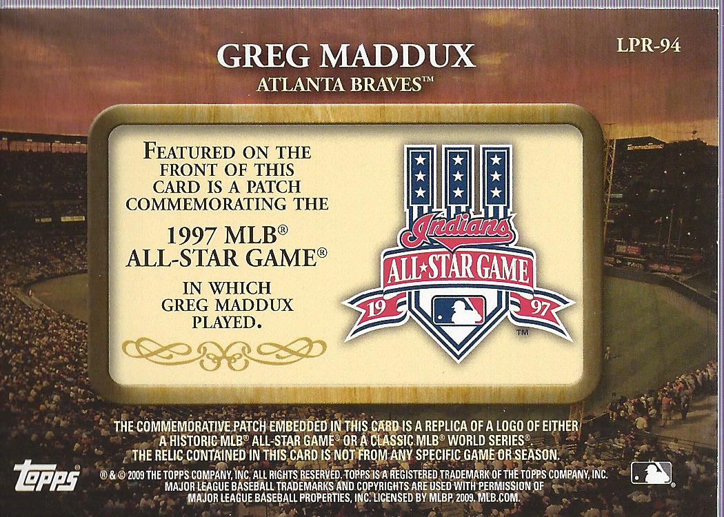 2009 Topps Legends Commemorative Patch #LPR94 Greg Maddux/1997 MLB All-Star Game back image
