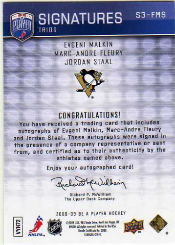 2008-09 Be A Player Signatures Trios #S3FMS Marc-Andre Fleury/Evgeni Malkin/Jordan Staal back image