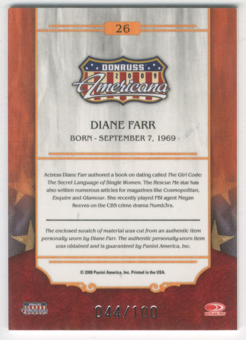 2009 Americana Stars Material Silver Proofs #26 Diane Farr/100 back image
