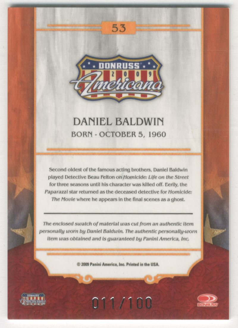 2009 Americana Stars Material Silver Proofs #53 Daniel Baldwin/100 back image