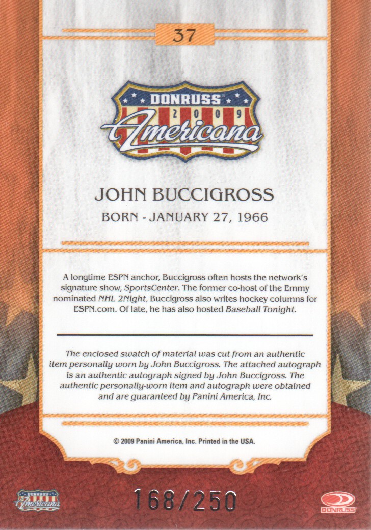 2009 Americana Stars Signature Material #37 John Buccigross/250 back image