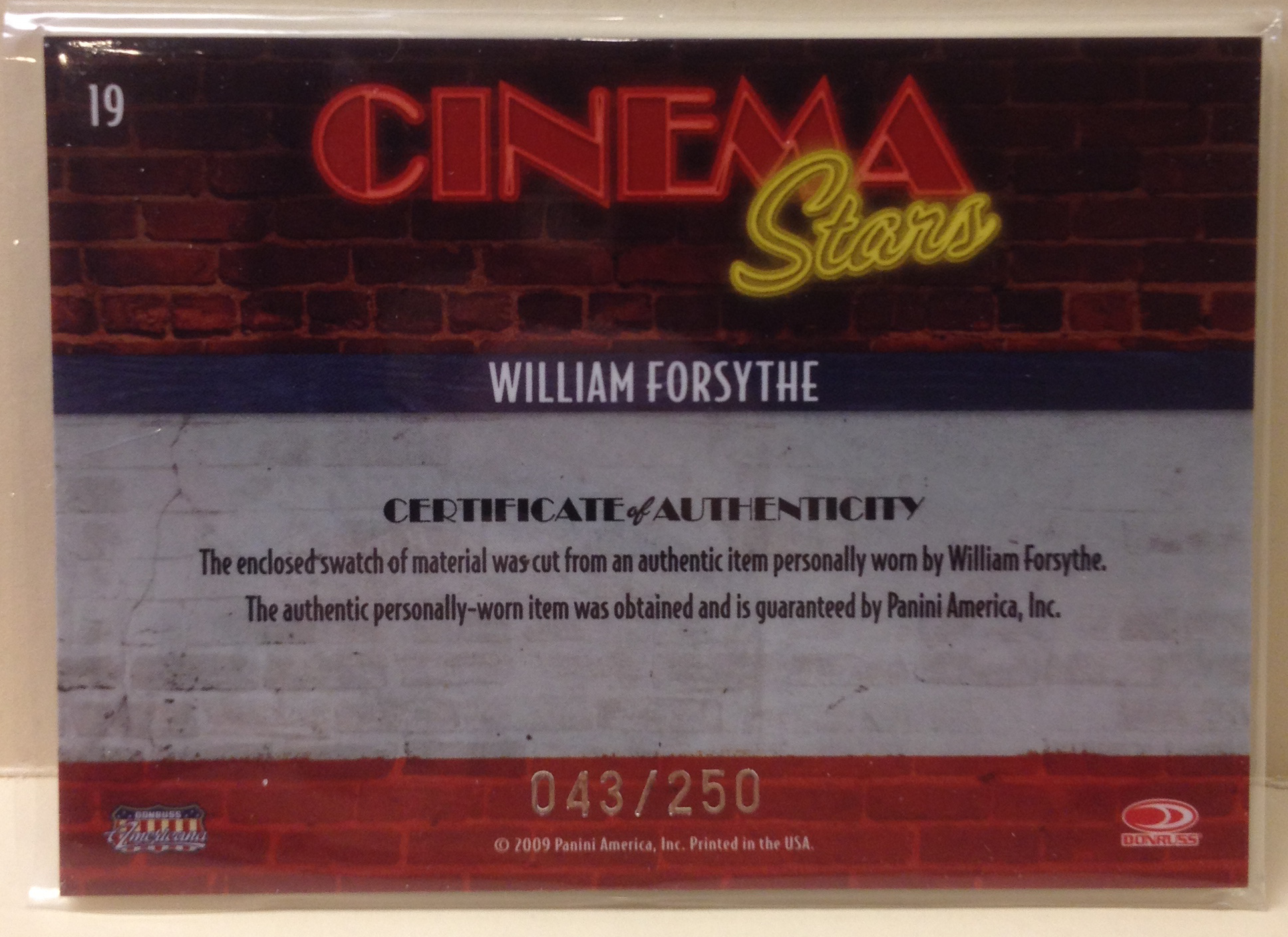 2009 Americana Cinema Stars Material #19 William Forsythe/250 back image