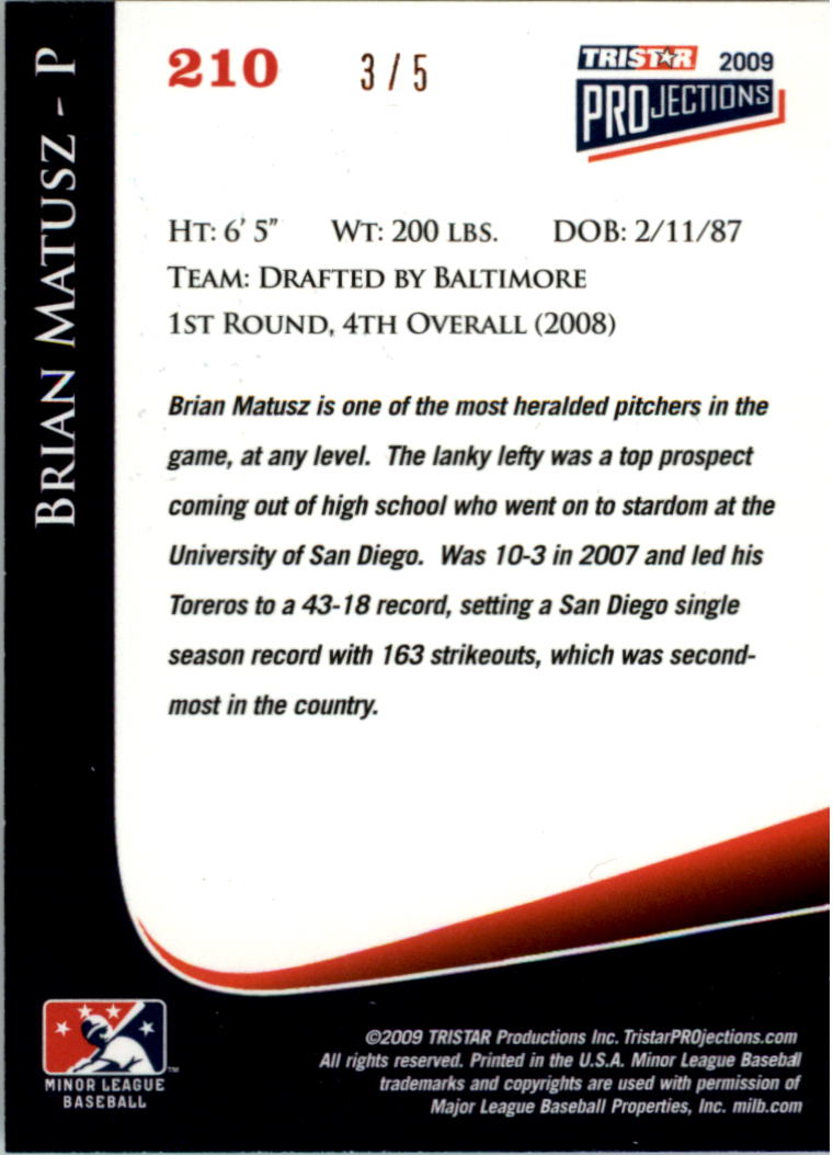 2009 TRISTAR PROjections Orange #210 Brian Matusz back image