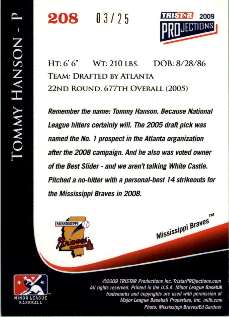 2009 TRISTAR PROjections Yellow #208 Tommy Hanson back image