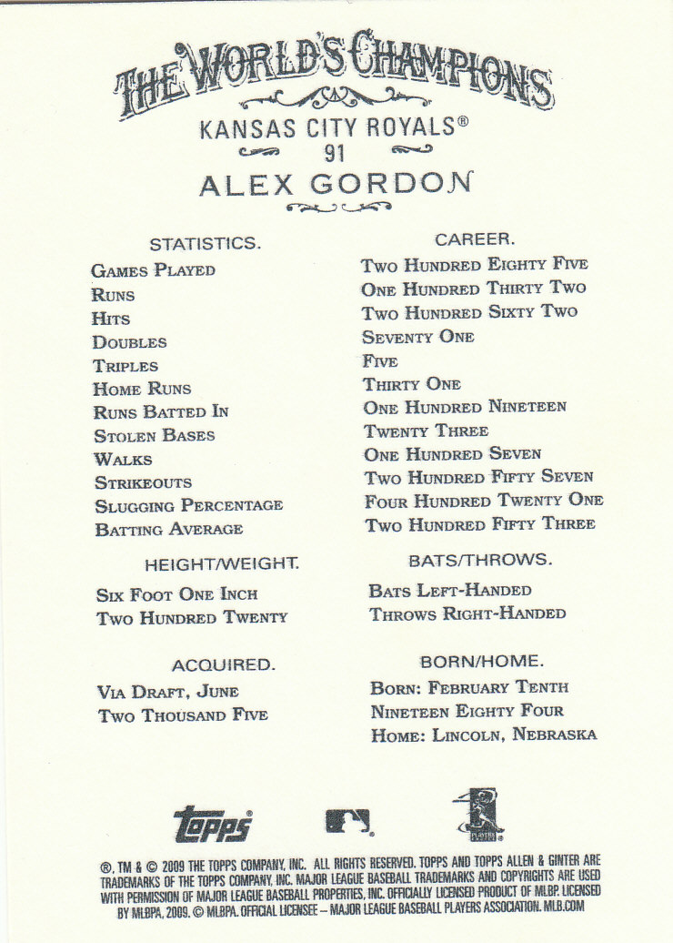 2009 Topps Allen and Ginter Code #91 Alex Gordon back image