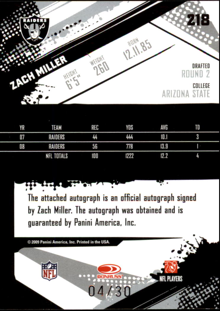 2009 Score Inscriptions Autographs Red Zone #218 Zach Miller/30 back image