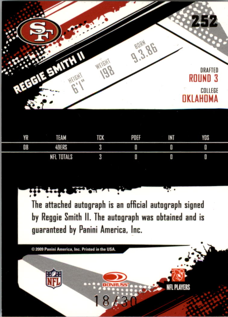 2009 Score Inscriptions Autographs Red Zone #252 Reggie Smith/30 back image