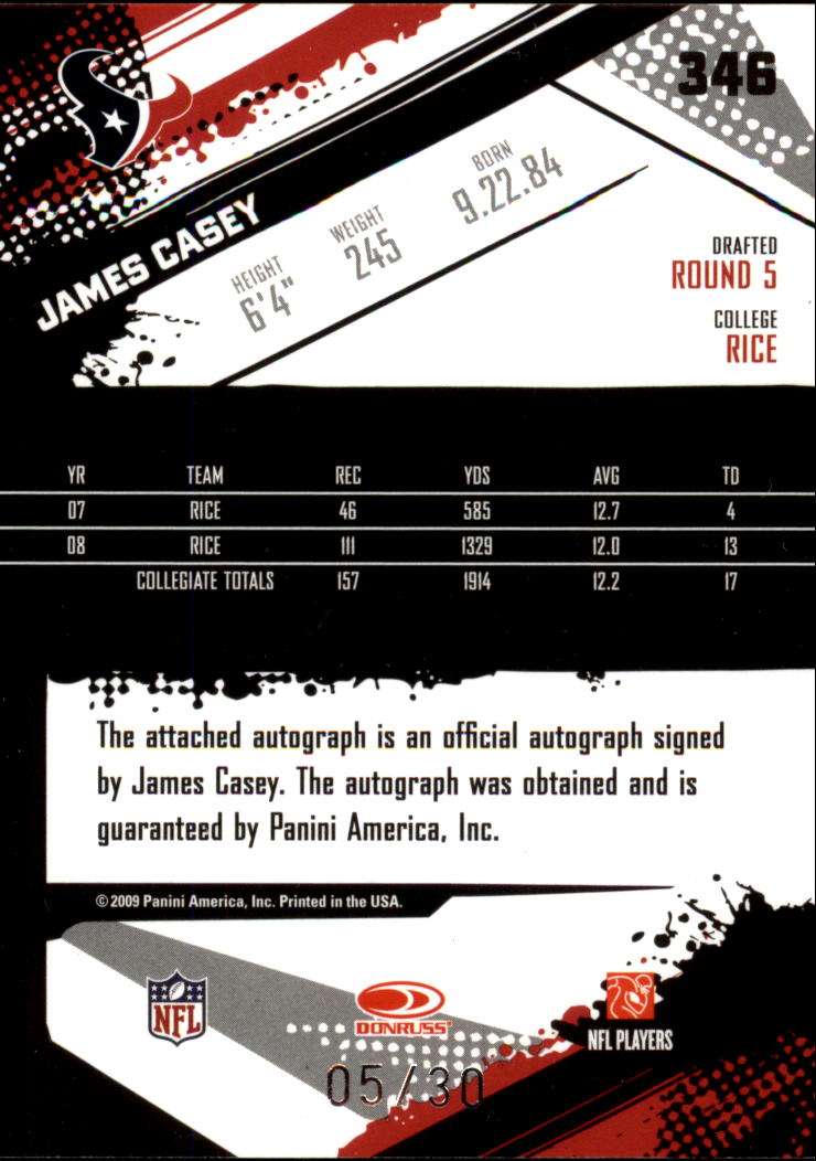 2009 Score Inscriptions Autographs Red Zone #346 James Casey/30 back image