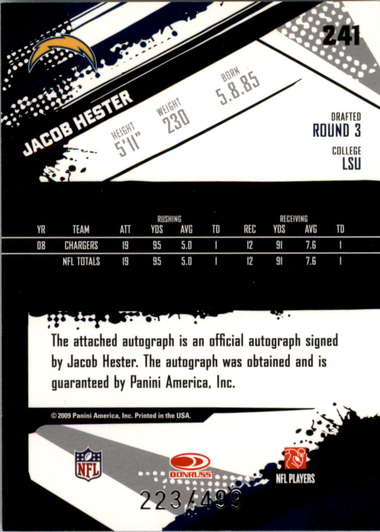 2009 Score Inscriptions Autographs #241 Jacob Hester/499 back image