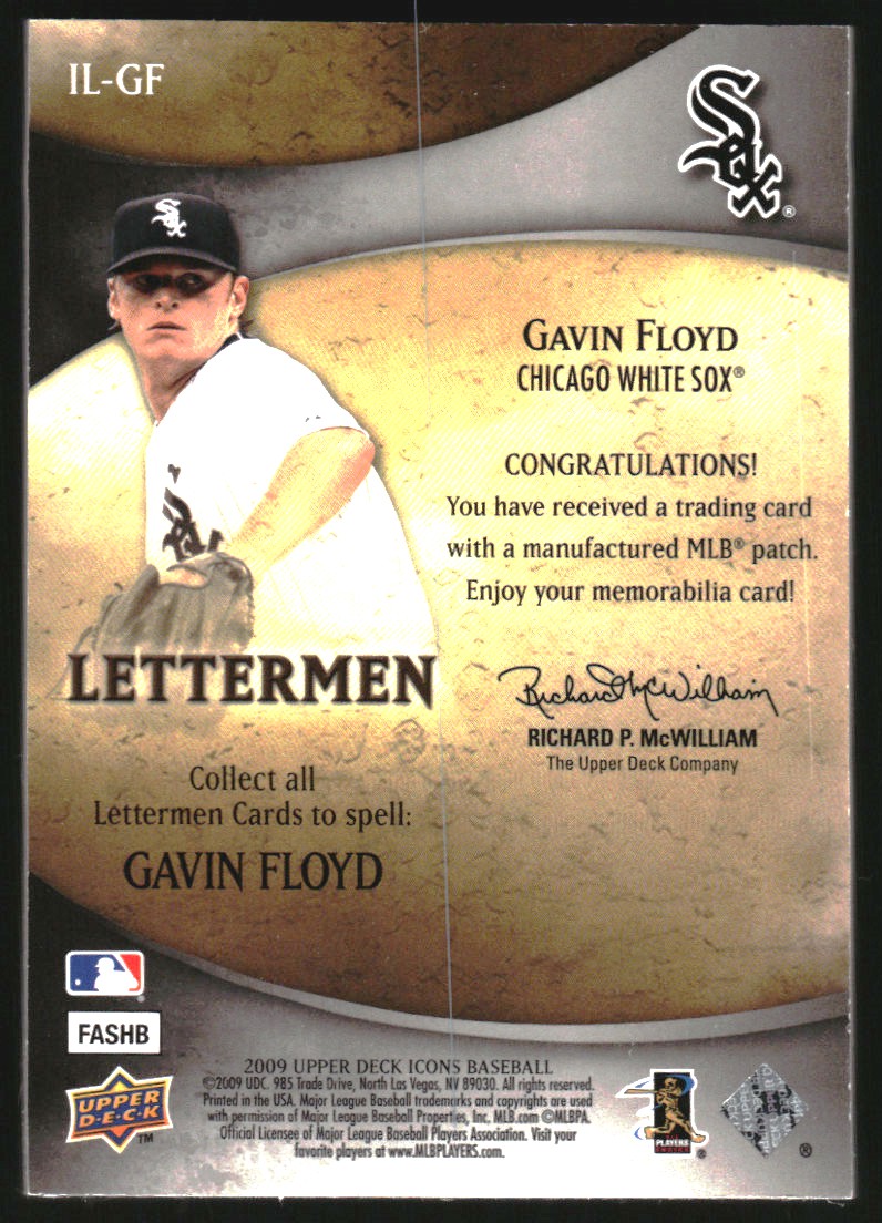 2009 Upper Deck Icons Lettermen #GF Gavin Floyd/450 */Letters spell out GAVIN FLOYD/each letter #'ed to 45/Total print run 450 back image