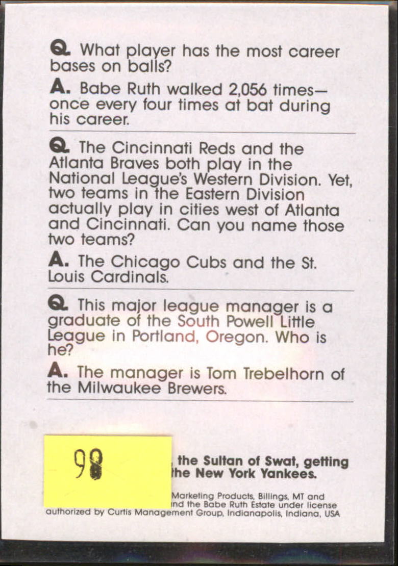 1990 Baseball Wit Unnumbered #86 Babe Ruth back image