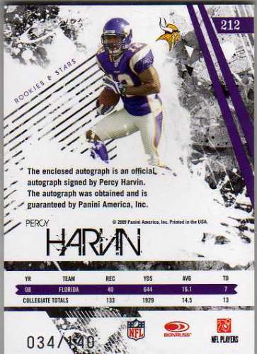 2009 Donruss Rookies and Stars #212 Percy Harvin  AU RC back image