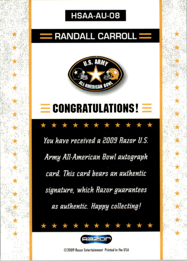 2009 Razor Army All-American Bowl Autographs #AU8 Randall Carroll back image