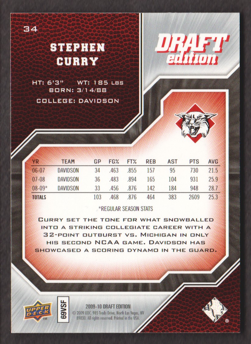 2009-10 Upper Deck Draft Edition #34 Stephen Curry SP back image