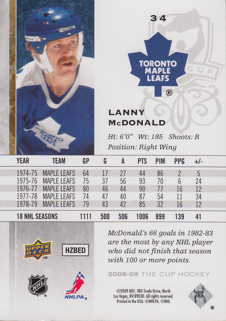 2008-09 The Cup #34 Lanny McDonald back image