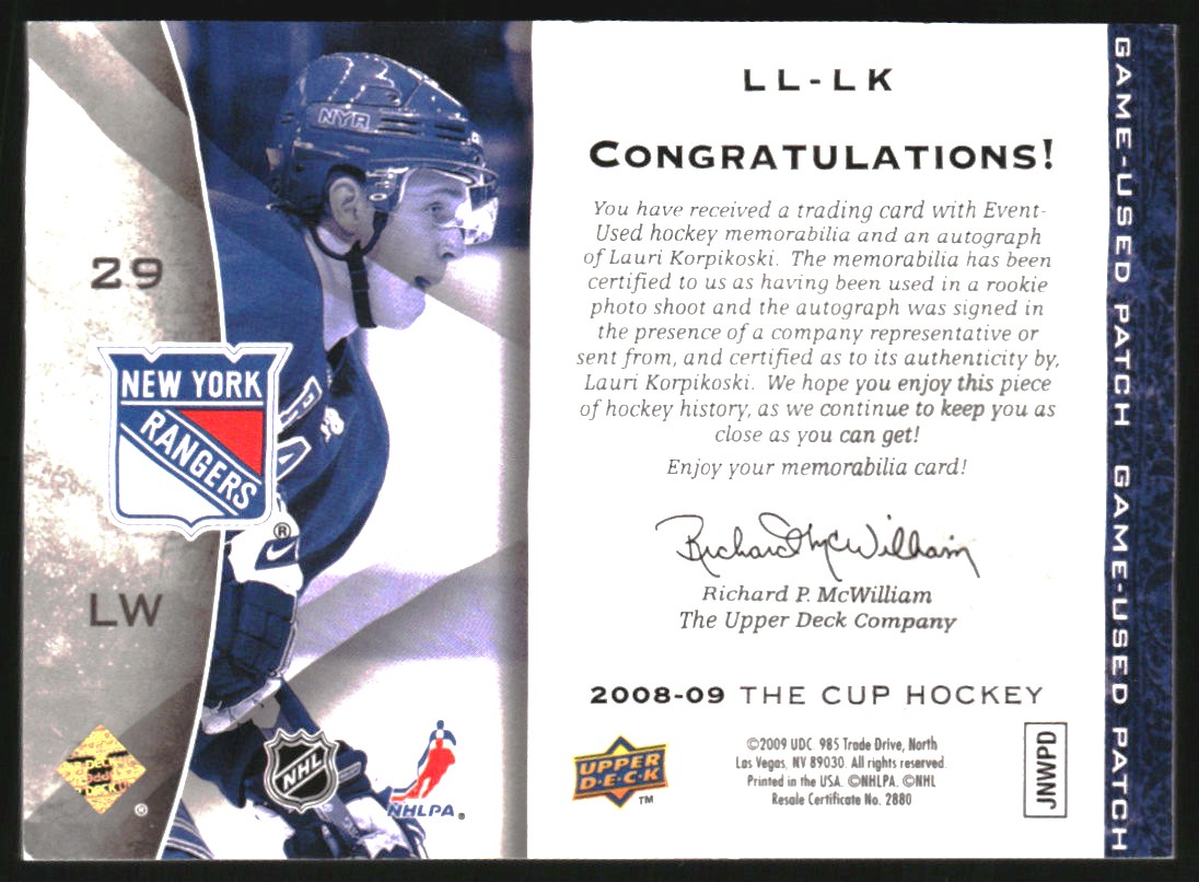 2008-09 The Cup Limited Logos Autographs #LLLK Lauri Korpikoski back image