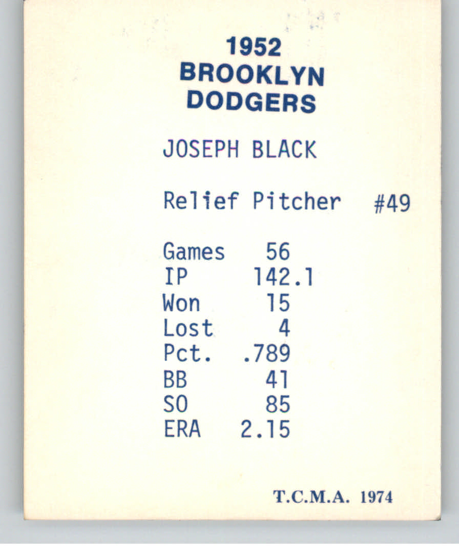 1974 Dodgers 1952 TCMA Blue/White Red Names #4 Joe Black back image