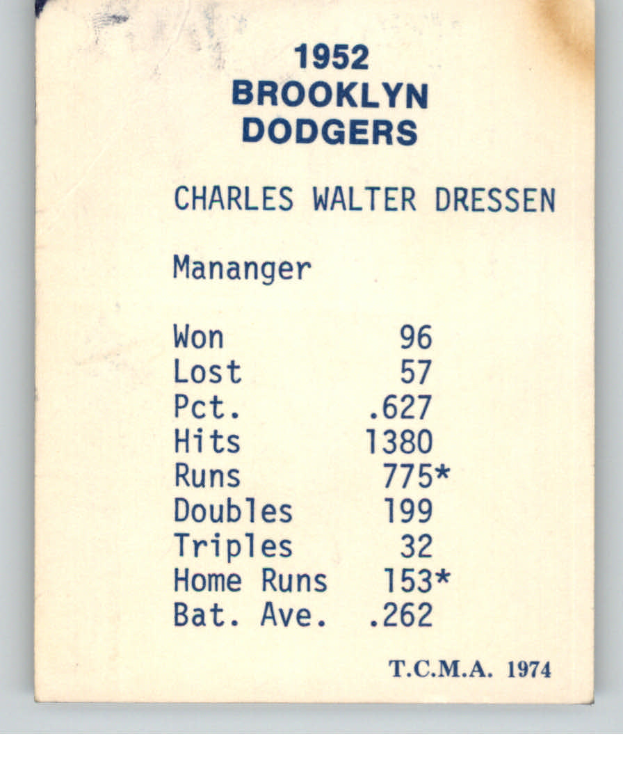 1974 Dodgers 1952 TCMA Blue/White Red Names #9 Chuck Dressen MG back image