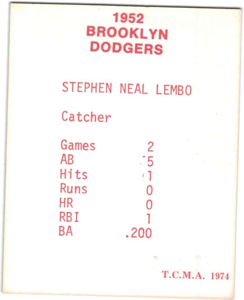 1974 Dodgers 1952 TCMA Blue/White Red Names #18 Stephen Lembo back image