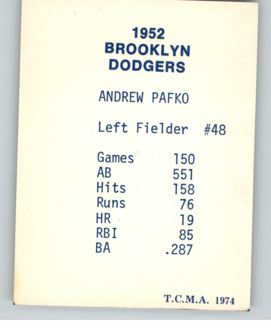 1974 Dodgers 1952 TCMA Blue/White Red Names #29 Andy Pafko back image