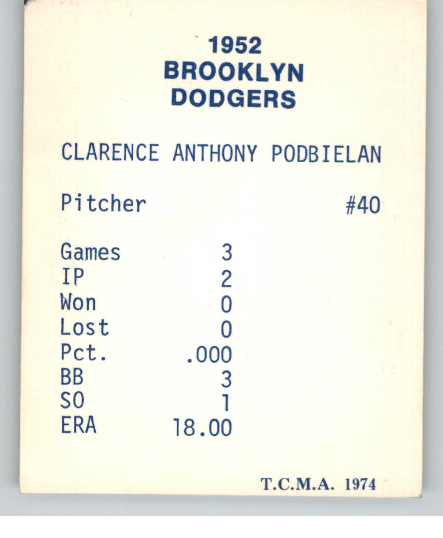1974 Dodgers 1952 TCMA Blue/White Red Names #30 Bud Podbielan back image
