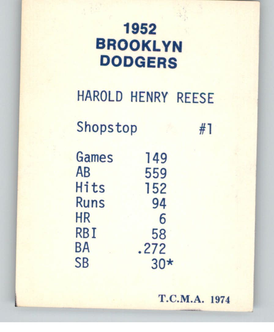 1974 Dodgers 1952 TCMA Blue/White Red Names #33 Harold Reese back image