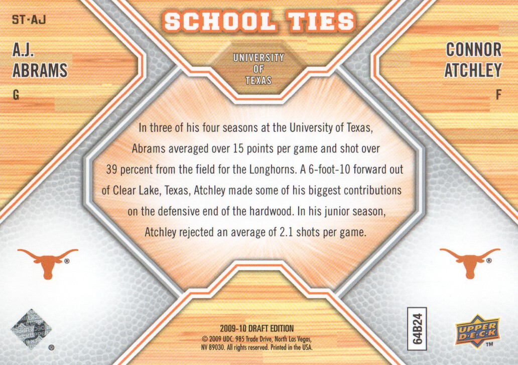 2009-10 Upper Deck Draft Edition School Ties #STAJ A.J. Abrams/Connor Atchley back image