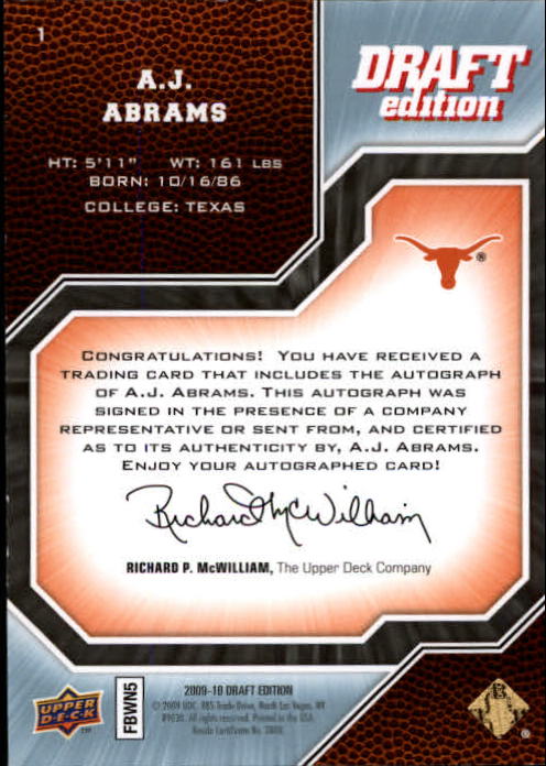 2009-10 Upper Deck Draft Edition Autographs #1 A.J. Abrams/399 back image