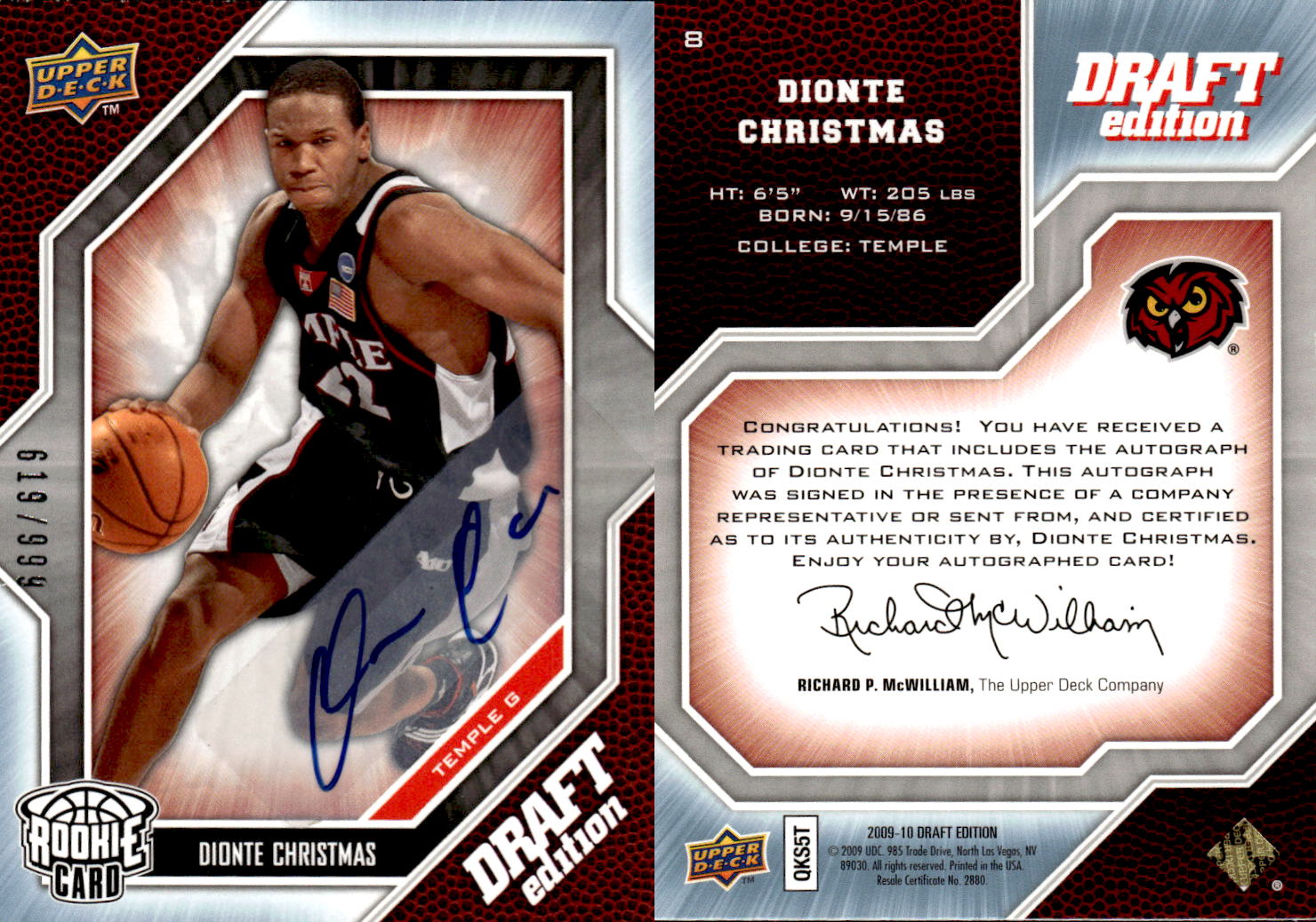 2009-10 Upper Deck Draft Edition Autographs #8 Dionte Christmas/999