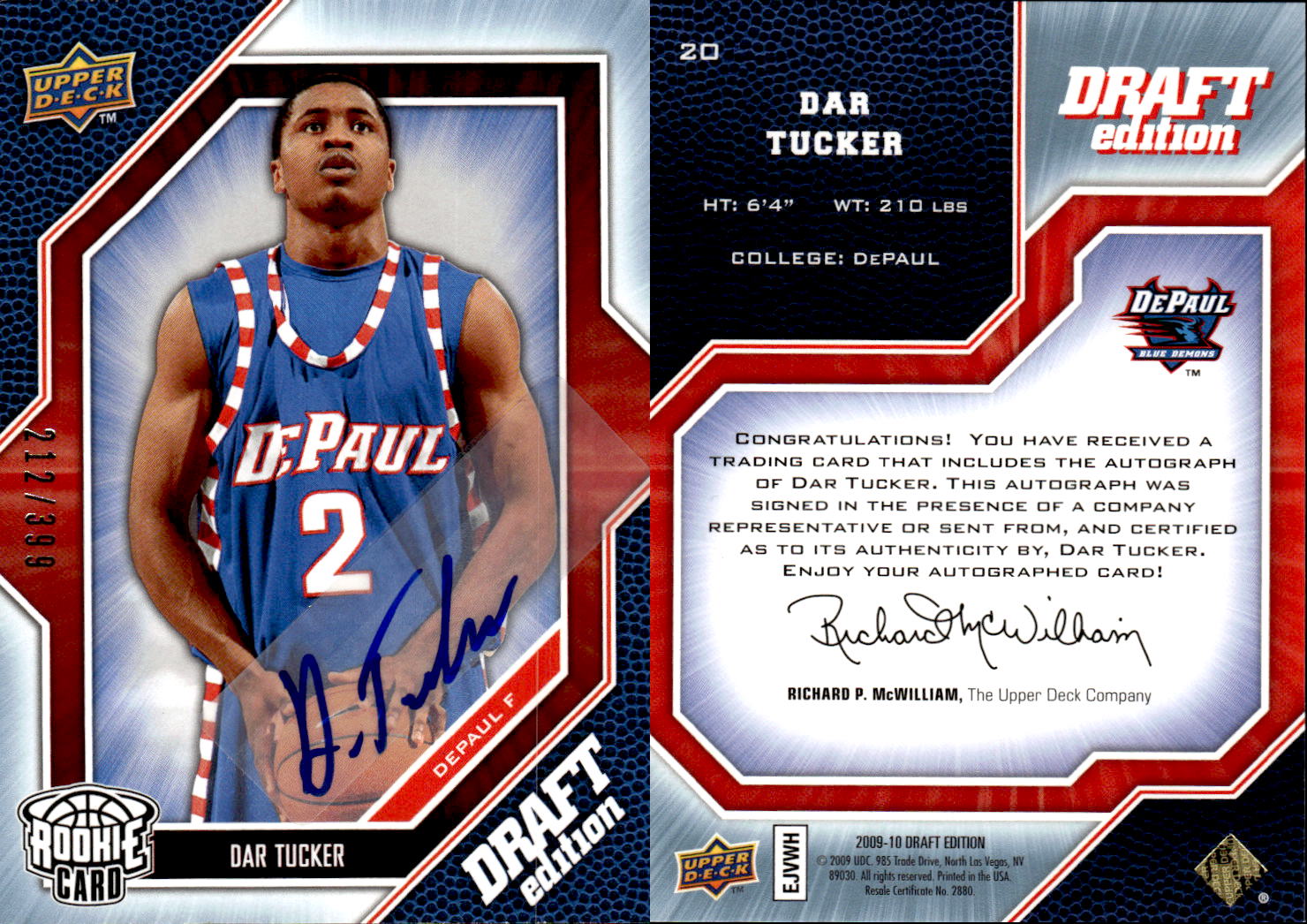 2009-10 Upper Deck Draft Edition Autographs #20 Dar Tucker/399