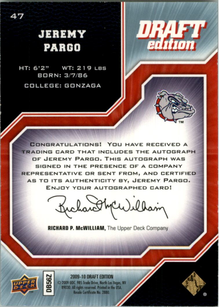 2009-10 Upper Deck Draft Edition Autographs #47 Jeremy Pargo/299 back image