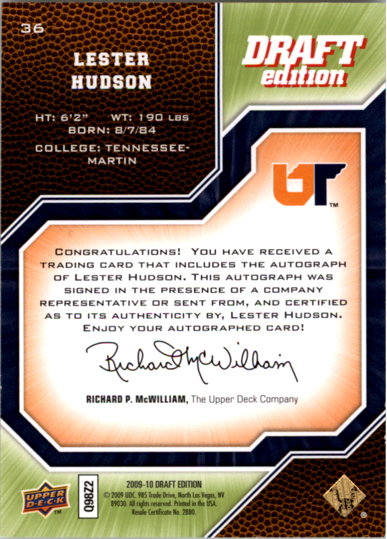 2009-10 Upper Deck Draft Edition Autographs Green #36 Lester Hudson/99 back image