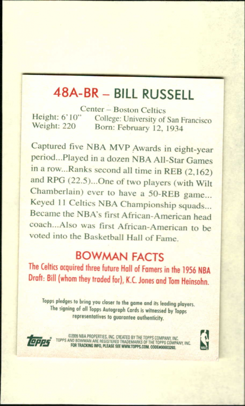 2009-10 Bowman 48 Autographs #48ABR Bill Russell back image