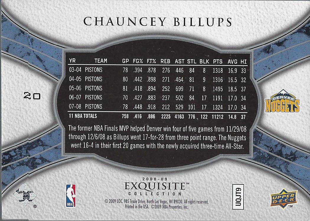 2008-09 Exquisite Collection #20 Chauncey Billups back image
