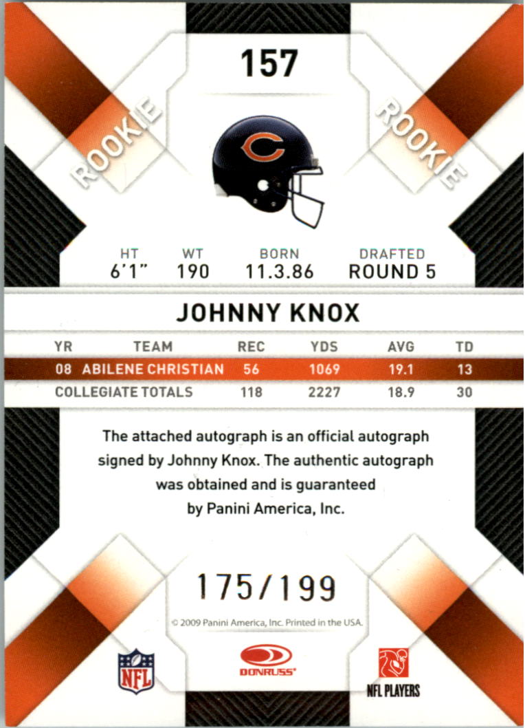 2009 Donruss Threads #157 Johnny Knox AU/199 RC back image