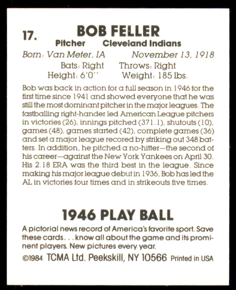 1984 TCMA Playball 1946 Minis #17 Bob Feller back image