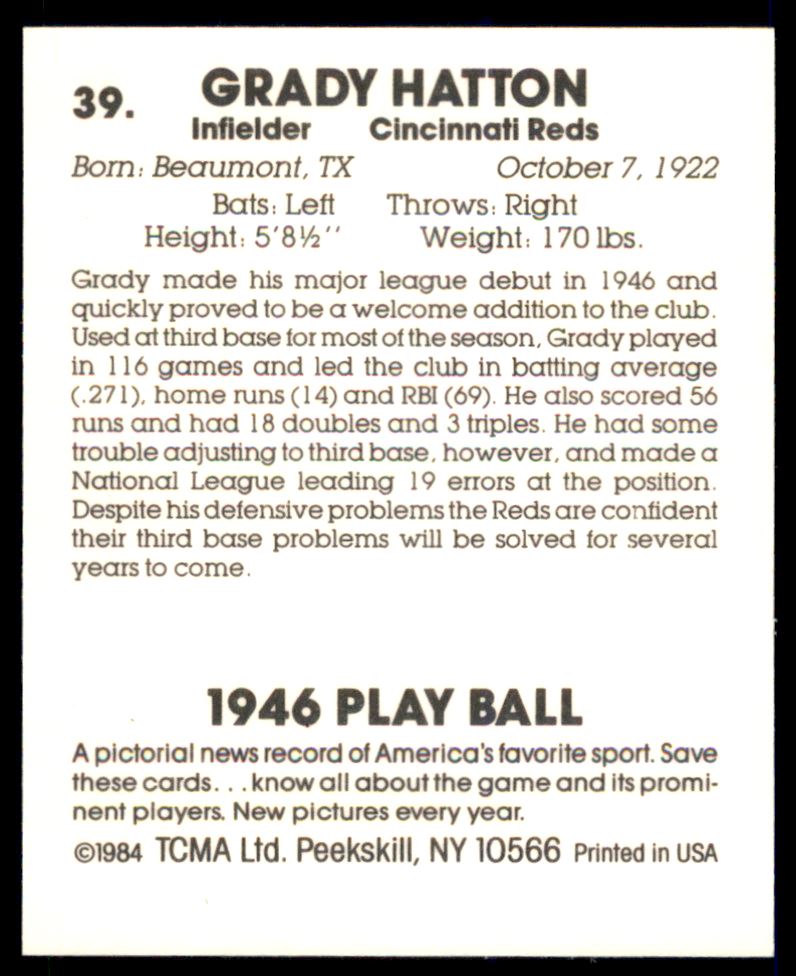 1984 TCMA Playball 1946 Minis #39 Grady Hatton back image