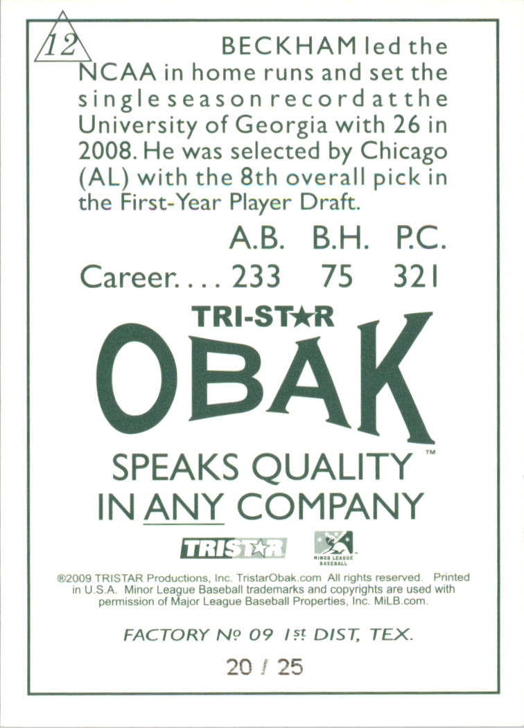 2009 TRISTAR Obak Green #12e Gordon Beckham/1911 Back variation/Triangle around number back image