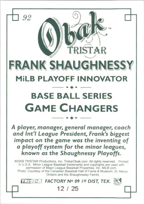 2009 TRISTAR Obak Green #92 Frank Shaughnessy back image